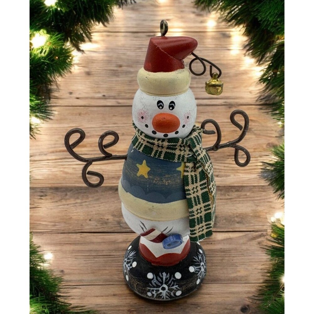 Whimsical Snowman Christmas Figurine with Scarf Winter Folk Art Hand Painted